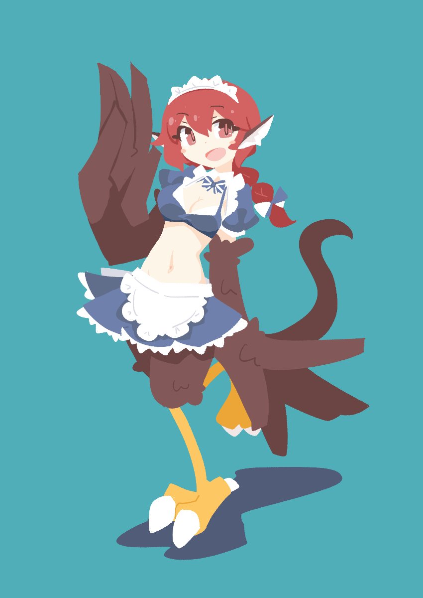 1girl animal_ears apron big_o_pants bird_ears bird_legs bird_tail black_feathers black_wings blue_bow blue_skirt blush_stickers bow breasts cleavage commentary_request crop_top feather_fingers feathers fio-chan_(big_o_pants) hair_between_eyes harpy highres long_hair looking_at_viewer maid_apron medium_breasts monster_girl open_mouth original ponytail red_eyes red_hair skirt solo standing standing_on_one_leg tail talons waist_apron winged_arms wings