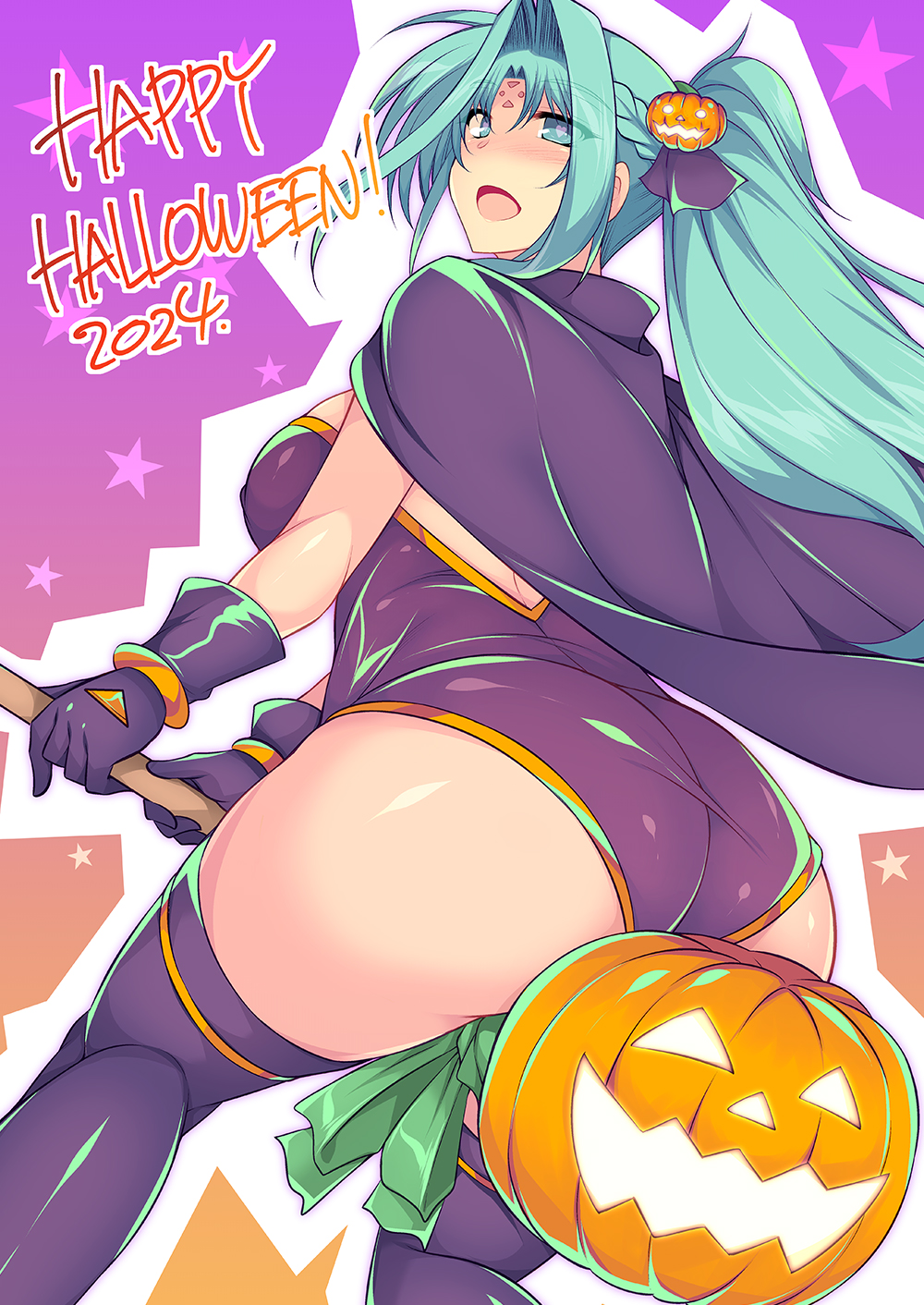 1girl 2024 ass black_cape black_gloves black_leotard black_ribbon black_thighhighs blush braid broom broom_riding cape commentary_request curvy english_text from_behind gloves green_eyes green_hair hair_ribbon halloween halloween_costume happy_halloween heart heart-shaped_pupils highres ibuki_pon jack-o&#039;-lantern jack-o&#039;-lantern_ornament leotard lindy_harlaown long_hair looking_at_viewer looking_back lyrical_nanoha mature_female open_mouth ponytail ribbon smile solo star_(symbol) strapless strapless_leotard symbol-shaped_pupils thighhighs very_long_hair