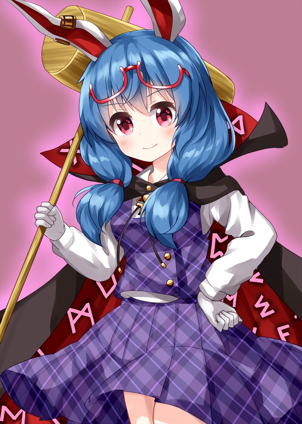 1girl animal_ears black_cloak blue_hair blush breasts buttons cloak closed_mouth collar collared_shirt cosplay eyewear_on_head glasses gloves hair_between_eyes hand_on_own_hip hand_up highres long_sleeves looking_at_viewer mallet medium_breasts medium_hair one-hour_drawing_challenge pink_background purple_skirt purple_vest rabbit_ears red_cloak red_eyes ruu_(tksymkw) seiran_(touhou) shirt short_twintails simple_background skirt smile solo standing touhou twintails usami_sumireko usami_sumireko_(cosplay) vest weapon white_gloves white_shirt white_sleeves