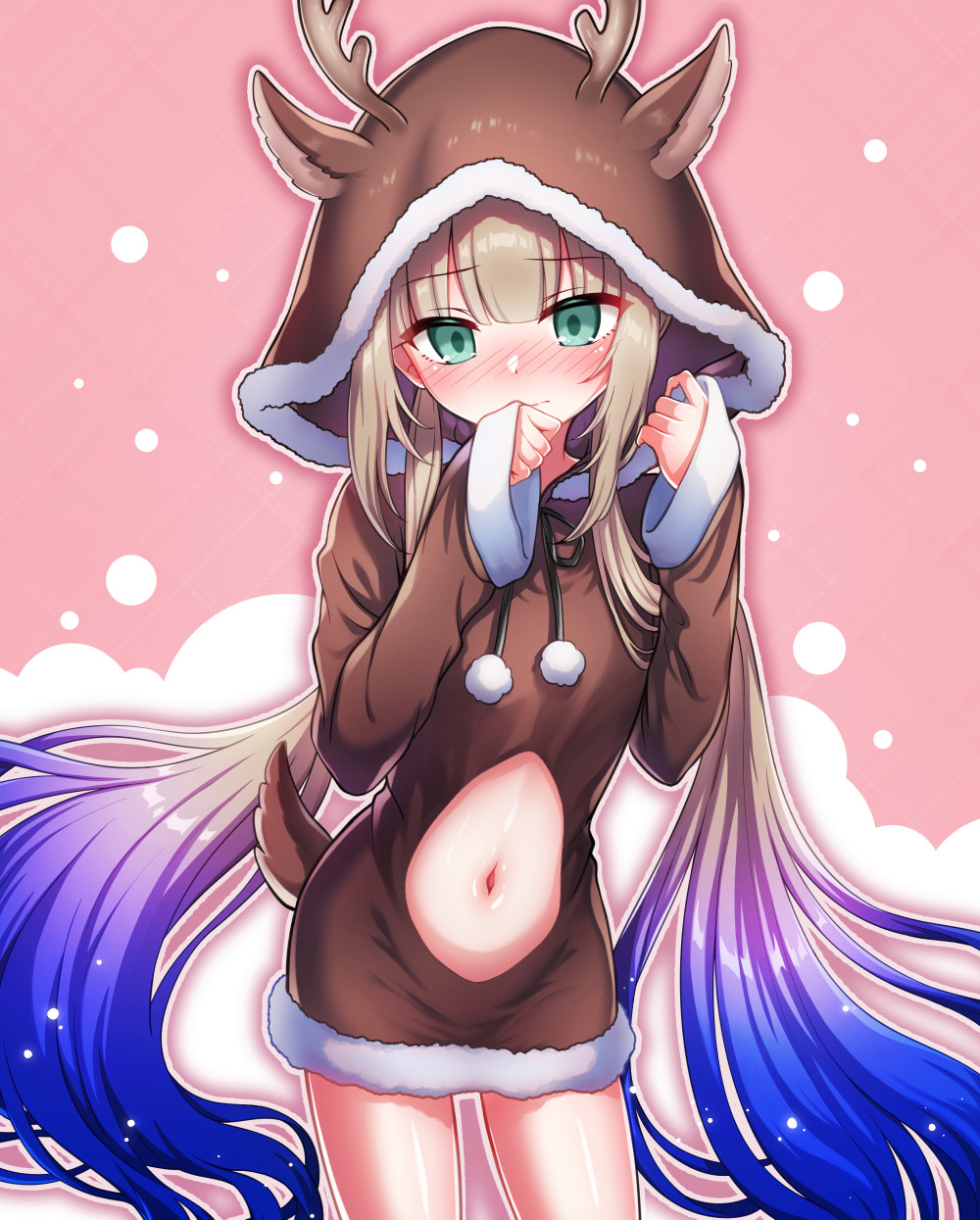 1boy animal_costume animal_hood antlers blue_hair blush captain_nemo_(fate) clothing_cutout fake_antlers fake_tail fate/grand_order fate_(series) gradient_hair green_eyes highres hood horns light_brown_hair long_hair long_sleeves male_focus multicolored_hair navel nemo_(fate) nose_blush onesie reindeer_antlers reindeer_costume reindeer_hood shell_ocean solo stomach_cutout tail trap twintails very_long_hair