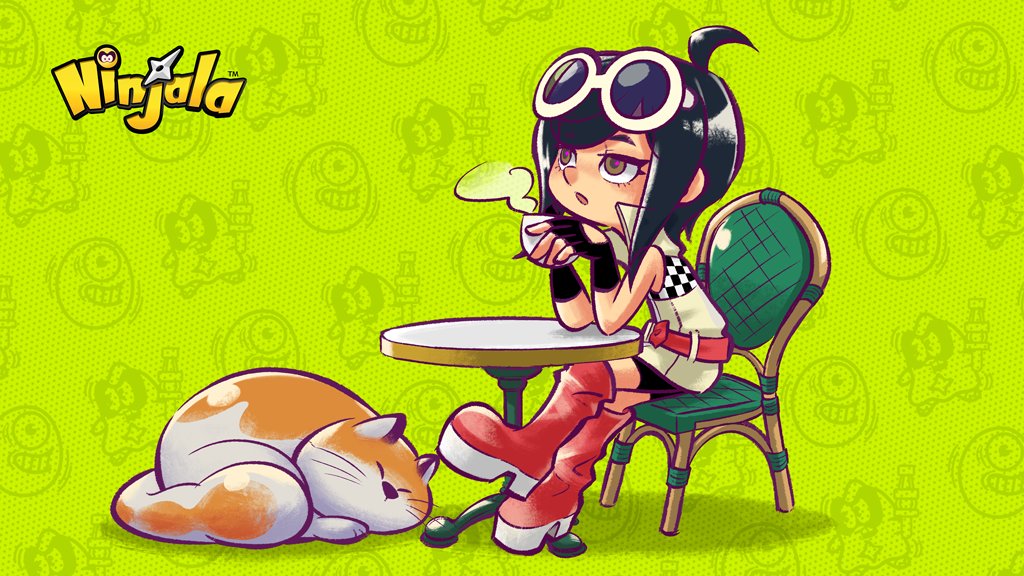 1boy 1girl ahoge belt belt_buckle belted_jacket bike_shorts black_gloves black_hair black_shorts bob_cut boots brown_pupils buckle chair character_background checkered_clothes checkered_jacket child closed_eyes collared_jacket commentary_request copyright_name copyright_notice crossed_legs elbow_on_table english_text eyelashes eyewear_on_head fingerless_gloves flat_chest gloves goro_(ninjala) gumchi gungho halftone halftone_background high_collar jacket jane_(ninjala) large_tail logo medium_hair multicolored_jacket ninjala official_art on_chair open_mouth orange_fur orange_tail outline polka_dot polka_dot_background popped_collar purple_outline race_queen red_belt red_boots rianti-wong second-party_source shadow shorts shuriken simple_background sitting skinny sleeping sleeveless sleeveless_jacket steam sunglasses swept_bangs table tail two-tone_jacket weapon whiskers white-framed_eyewear white_fur white_tail yellow_eyes
