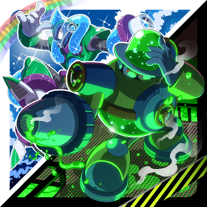 2boys \m/ acid_man android aqua_man_(mega_man) arm_cannon armor border bubble commentary_request dripping closed_eyes gloves hand_up mega_man_(classic) mega_man_(series) mega_man_11 mega_man_8 multiple_boys napo rainbow red_eyes robot smoke sparkle split_screen standing water water_drop waves weapon white_gloves