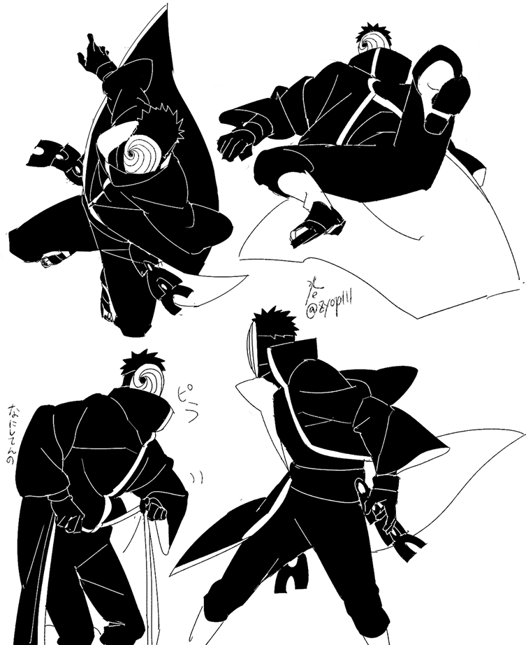1boy akatsuki_uniform black_gloves full_body gloves mask monochrome multiple_views naruto_(series) naruto_shippuuden ninja short_hair simple_background spiked_hair tobi_(naruto) uchiha_obito white_background zifletts