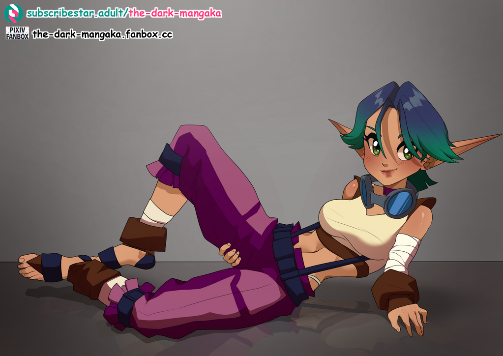 1girl arm_rest bandaged_arm bandaged_leg bandages blue_hair breasts brown_gloves closed_mouth commission crop_top fanbox_username feet female_focus fingerless_gloves gloves goggles goggles_around_neck green_eyes green_hair hair_between_eyes hand_on_own_thigh jak_and_daxter keira_hagai knee_up lips looking_at_viewer lying medium_breasts multicolored_hair navel on_side paid_reward_available pants pointy_ears purple_pants reflection shirt short_hair solo subscribestar_username suspenders the_dark_mangaka thighs toeless_footwear toes watermark web_address white_shirt