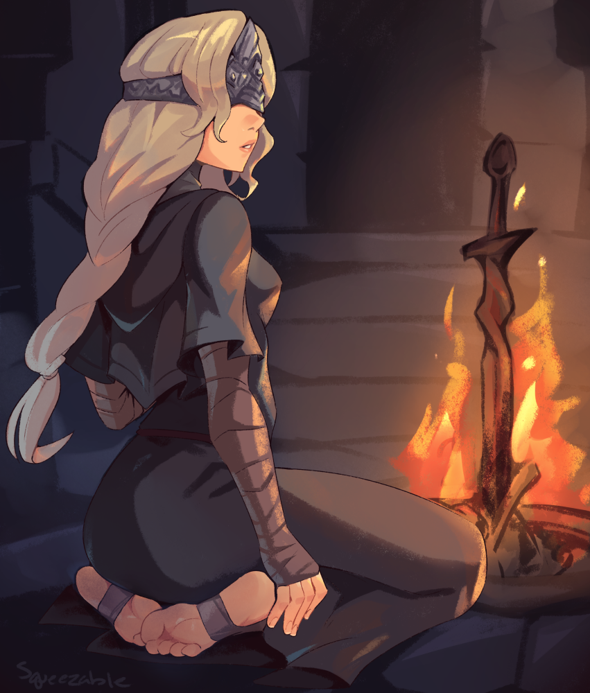 1girl bandaged_arm bandages barefoot blindfold bonfire_(dark_souls) braid braided_ponytail cosplay dark_souls_(series) dark_souls_iii eye_mask feet fire fire_keeper fire_keeper_(cosplay) full_body glowing grey_hair long_hair parted_lips sitting solo squeezable_(squeezabledraws) stirrup_legwear toeless_legwear