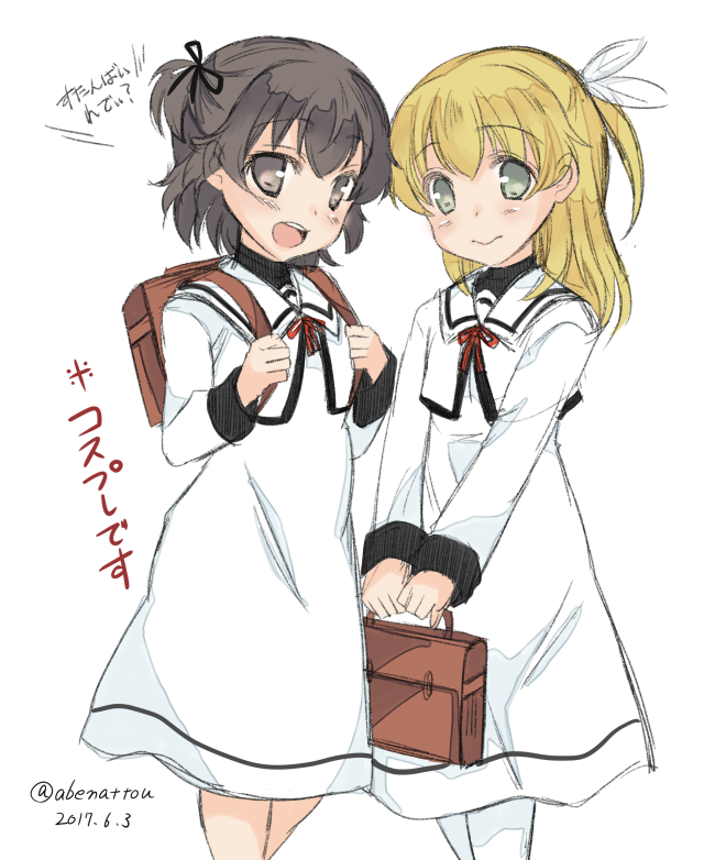 10s 2girls abenattou aged_down alternate_costume bag black_ribbon black_skirt blonde_hair brown_eyes brown_hair caesar_(girls_und_panzer) carpaccio_(girls_und_panzer) carrying closed_mouth cosplay dated dress girls_und_panzer green_eyes hair_ribbon jacket light_smile long_hair long_sleeves looking_at_viewer lyrical_nanoha medium_dress multiple_girls one_side_up open_mouth red_ribbon ribbon school_bag school_uniform seishou_elementary_school_uniform short_hair side-by-side simple_background sketch skirt smile standing translated twitter_username white_background white_dress white_jacket white_ribbon