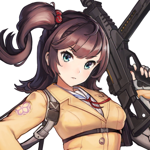 1girl aqua_eyes blunt_bangs breasts brown_hair eyebrows_hidden_by_hair female_focus fingerless_gloves game_cg gloves gun hair_bobbles hair_ornament hair_tuft head_tilt holding holding_gun holding_rifle holding_weapon jacket last_origin long_hair looking_at_viewer medium_breasts official_art paintale parted_lips ponytail red_ribbon ribbon rifle sailor_collar school_uniform shoulder_strap side_ponytail tomo_(last_origin) transparent_background upper_body weapon