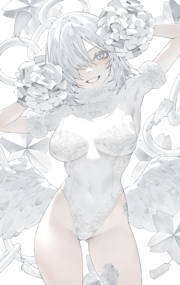 1girl fur-trimmed_leotard fur_trim grey_eyes grey_hair grin highleg highleg_leotard leotard looking_at_viewer medium_hair mi8pq mole mole_under_mouth original pom_pom_(cheerleading) simple_background smile solo teeth white_background white_leotard