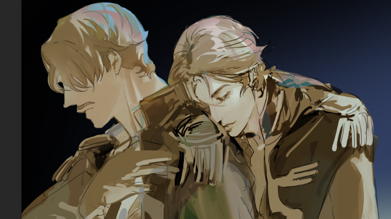 2boys black_background challia_bull char_aznable closed_eyes epaulettes facial_hair gradient_background grey_background gundam gundam_gquuuuuux jacket leaning_on_person long_sleeves male_focus military_jacket military_uniform multiple_boys mustache short_hair simple_background smile tske_log yaoi