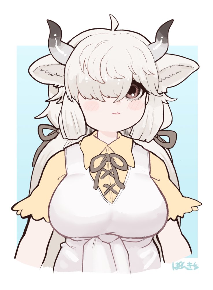 1girl :3 blush bow bowtie brown_bow brown_bowtie brown_hair collared_shirt dress hair_over_one_eye hair_tie kemono_friends ox_ears ox_girl ox_horns pokichi_(ponkichi_kemo) shirt short_sleeves sidelocks solo t-shirt twintails upper_body white_dress white_hair yak_(kemono_friends) yellow_shirt