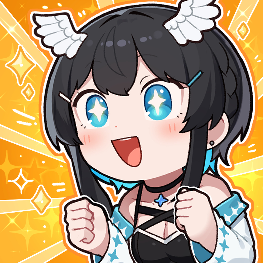 +_+ 1girl :d black_dress black_hair blue_eyes blue_hair braid breasts chibi cleavage clenched_hands commentary_request dress earrings feathered_wings hair_ornament hairclip hands_up head_wings indie_virtual_youtuber jacket jewelry kurata_rine kurata_rine_(vtuber) long_sleeves medium_breasts multicolored_hair off_shoulder open_mouth orange_background sidelocks sleeveless sleeveless_dress smile solo sparkle stud_earrings two-tone_hair upper_body virtual_youtuber white_jacket white_wings wings