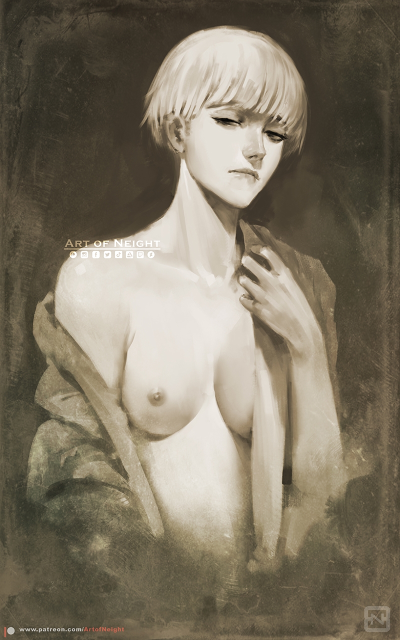 1girl art_of_neight artist_name breasts highres lip_biting medium_breasts monochrome partially_unbuttoned shingeki_no_kyojin short_hair simple_background solo yelena_(shingeki_no_kyojin)