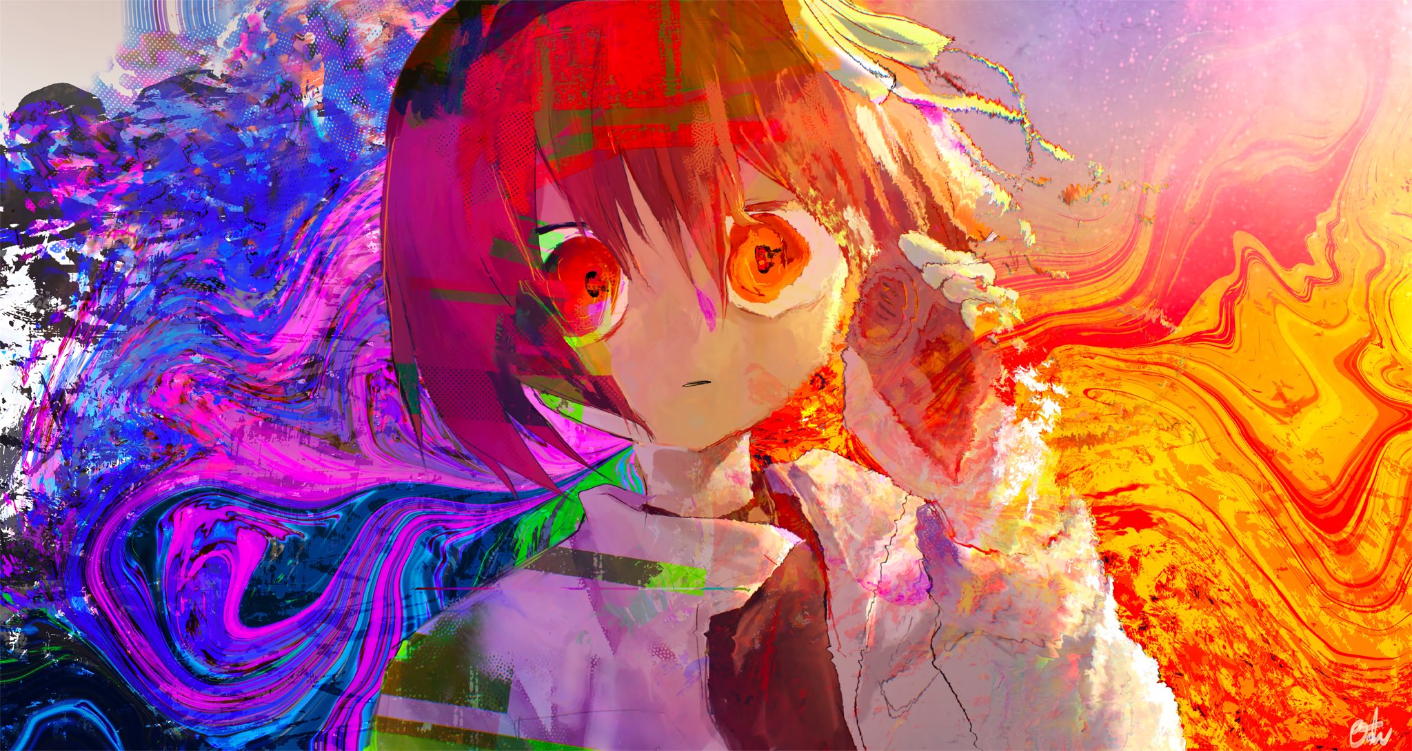 1girl a.i._voice adachi_rei black_hairband black_shirt blank_stare blue_background cassette_player closed_mouth dissolving distortion empty_eyes expressionless glitch gloves hair_between_eyes hair_ribbon hairband hand_up highres holding jacket leaning_to_the_side long_sleeves medium_hair multicolored_background open_clothes open_jacket orange_background orange_eyes orange_hair parka pinosan portrait ribbon shirt side_ponytail signature solo utau white_gloves white_jacket white_ribbon wide-eyed