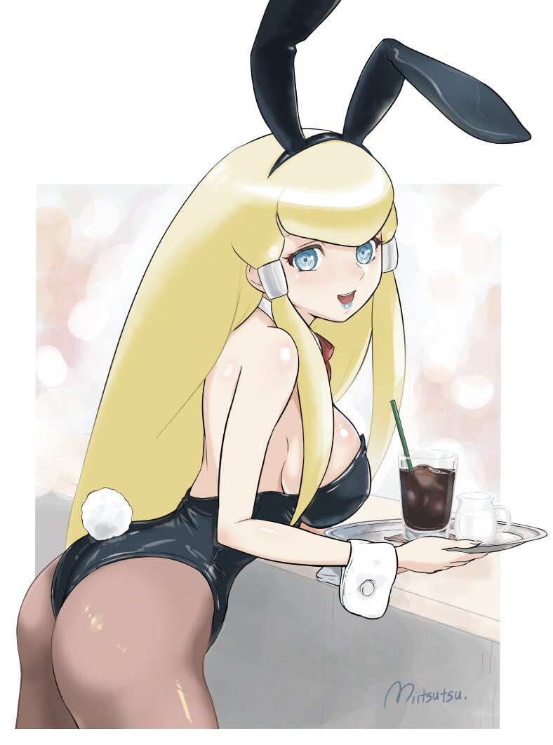 1girl animal_ears ass big_hair blonde_hair blue_lips breasts detached_collar dianna_soreil drinking_straw fake_animal_ears fake_tail from_side glass gundam hair_ornament large_breasts leotard lipstick long_hair looking_at_viewer makeup mitsutsu322 open_mouth pantyhose playboy_bunny rabbit_ears rabbit_tail smile solo tail turn_a_gundam waitress