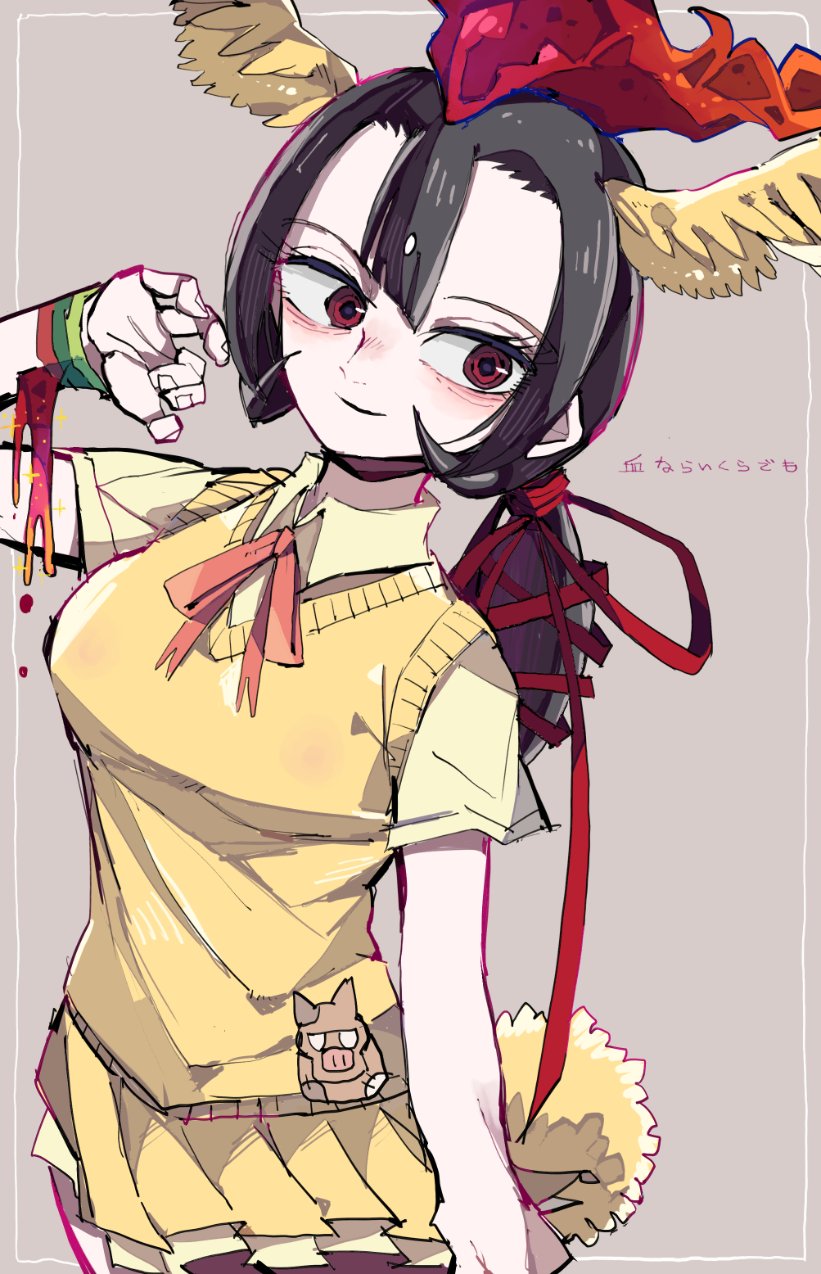 1girl bird_girl bird_tail bird_wings black_eyes black_hair blood bow bowtie feathered_wings grey_background head_wings hi_no_tori_(kemono_friends) highres kanmoku-san kemono_friends long_hair looking_at_viewer ribbon shirt simple_background skirt solo sweater_vest tail wings wristband