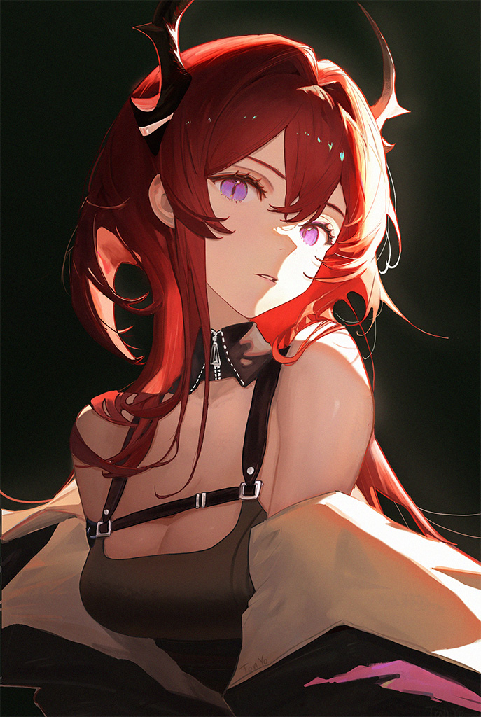1girl arknights bare_shoulders black_dress breasts chest_strap cleavage cross cross_necklace dark_background demon_girl demon_horns detached_collar dress hair_between_eyes hair_half_over_shoulder hair_intakes head_tilt horns infection_monitor_(arknights) jacket jewelry large_breasts long_hair long_sleeves looking_at_viewer making-of_available necklace parted_lips purple_eyes red_hair shadow simple_background solo surtr_(arknights) tanyo upper_body very_long_hair