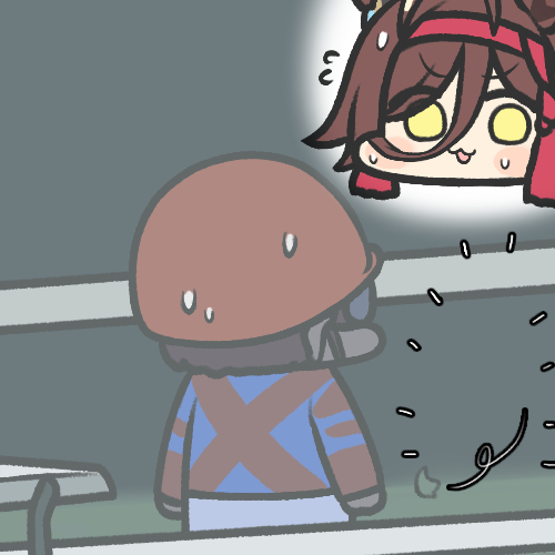 1boy 1girl awkward black_hair blush_stickers brown_hair commentary flying_sweatdrops goggles hairband helmet horse_girl jazz_jack jockey long_bangs long_sleeves lowres no_reason_(umamusume) racing_colors real_life red_hairband red_headwear short_hair sweatdrop take_yutaka umamusume wide_face yellow_eyes