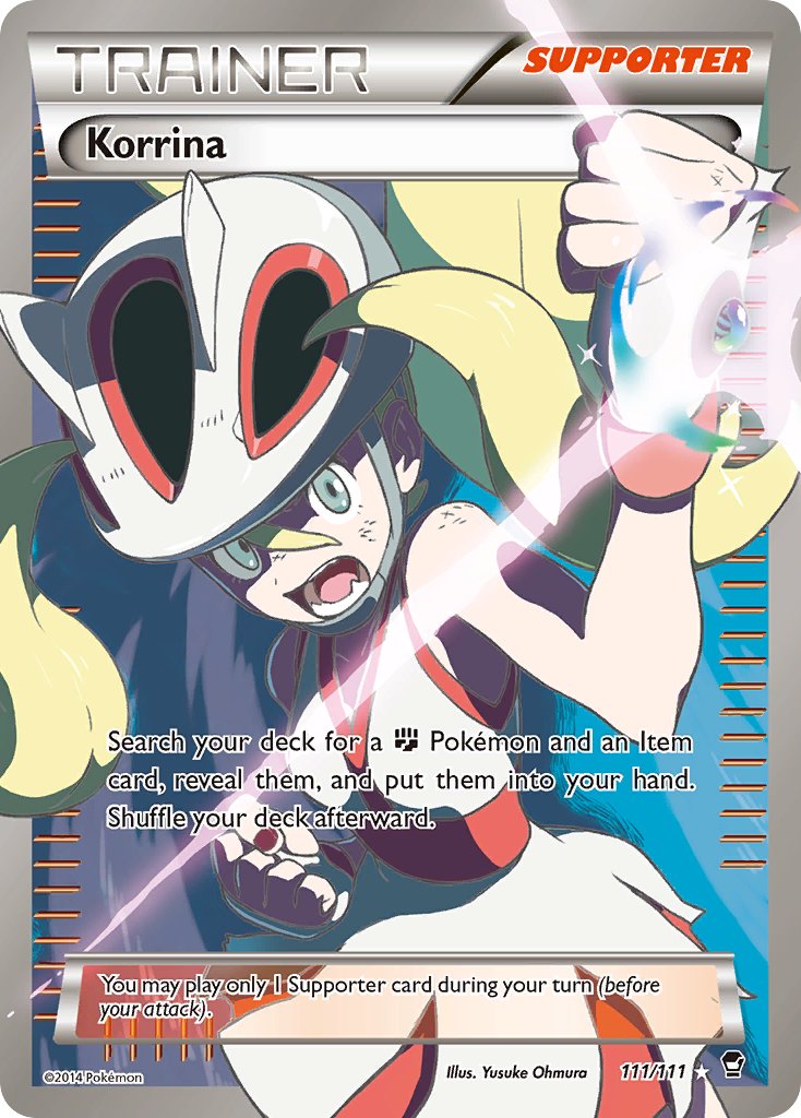 1girl artist_name bare_shoulders blonde_hair blue_eyes character_name clenched_hands copyright_name copyright_notice dress english_text fingerless_gloves glint gloves glowing helmet korrina_(pokemon) long_hair mega_stone nintendo official_art oomura_yuusuke open_mouth pokemon pokemon_card pokemon_tcg pokemon_xy sleeveless solo sparkle teeth third-party_source trading_card white_dress white_gloves white_helmet