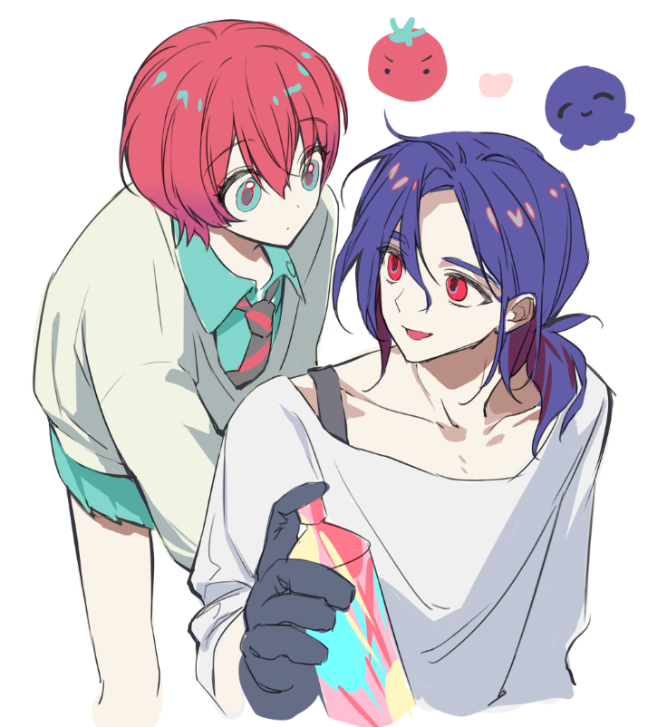1boy 1girl amate_yuzuriha aqua_eyes blue_hair collared_shirt colored_inner_hair gloves gundam gundam_gquuuuuux heart holding_spray_can looking_at_viewer multicolored_hair necktie open_mouth ponytail purple_hair red_eyes red_hair school_uniform shirt short_hair shuji_ito simple_background skirt smile sweater tomato topograpxicc two-tone_hair white_background white_shirt