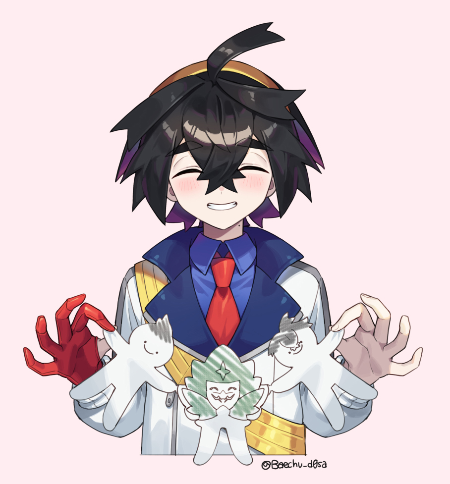 1boy ahoge black_hair blue_shirt blush closed_eyes collared_shirt commentary_request crossed_bangs gloves grin hair_between_eyes hairband jacket kieran_(pokemon) korean_commentary male_focus mongguri necktie nintendo ogerpon paper_cutout partially_fingerless_gloves pokemon pokemon_sv red_gloves red_necktie shirt short_hair simple_background single_glove smile strap teeth twitter_username upper_body white_background white_jacket yellow_hairband