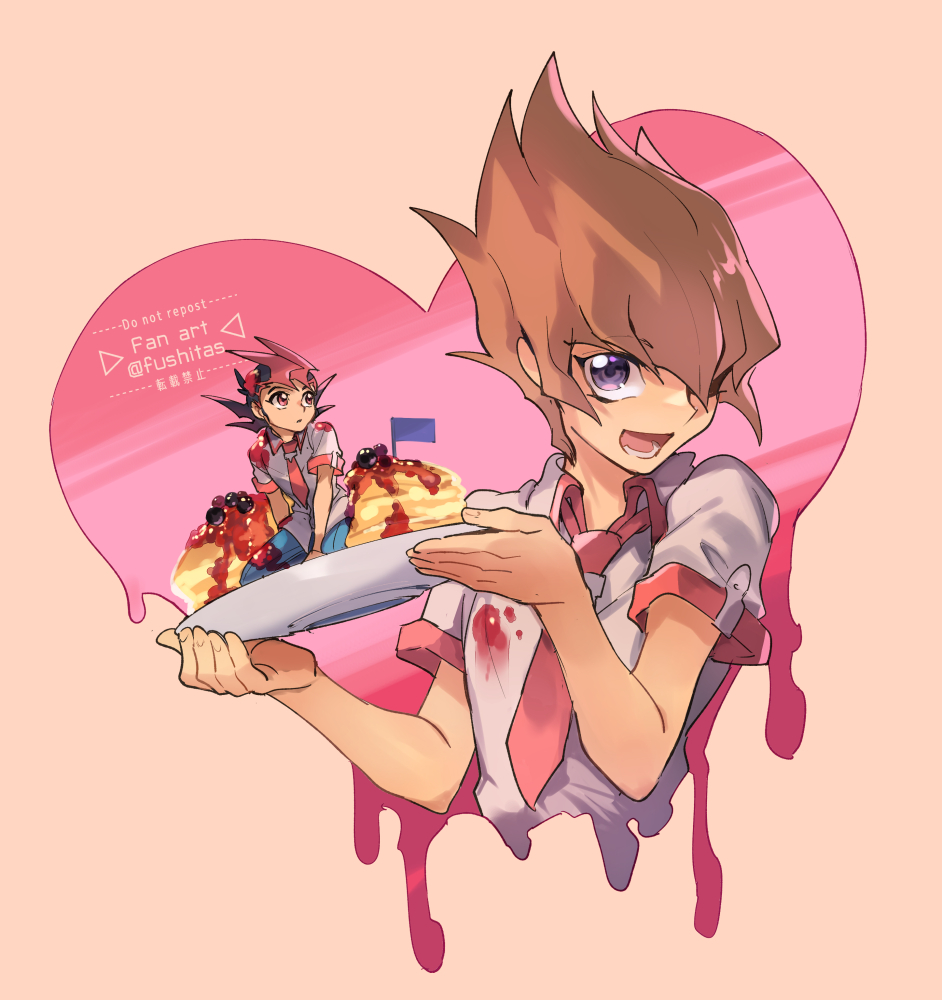 2boys brown_hair food fushitasu hair_over_one_eye heart holding holding_plate jam looking_at_another lower_teeth_only male_focus mini_person miniboy multiple_boys necktie open_mouth pancake plate purple_eyes red_necktie shirt short_hair spiked_hair stained_clothes teeth tsukumo_yuma vector_(yu-gi-oh!) white_shirt yu-gi-oh! yu-gi-oh!_zexal