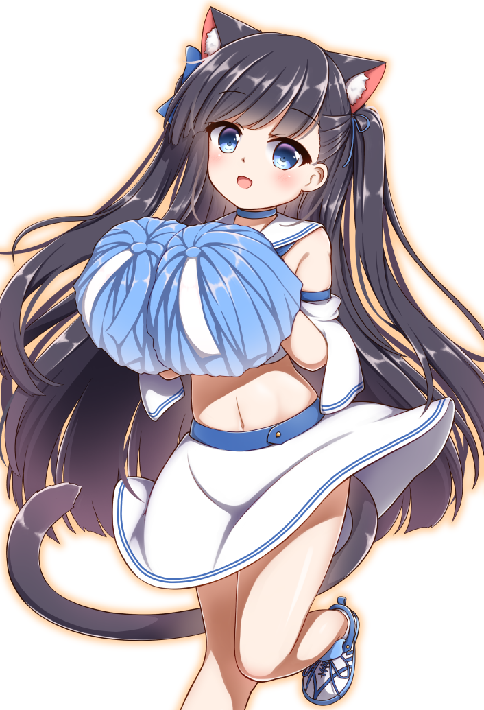 1girl :d animal_ear_fluff animal_ears azur_lane bare_shoulders black_hair blue_bow blue_choker blue_eyes blue_ribbon blunt_bangs blush bow cat_ears cat_tail cheerleader choker commentary_request cowboy_shot crop_top detached_sleeves groin hair_bow hair_ribbon half_updo hatsuharu_(azur_lane) hatsuharu_(retrofit)_(azur_lane) hestia_(neko_itachi) holding holding_pom_poms long_hair looking_at_viewer midriff navel open_mouth outline pom_pom_(cheerleading) pom_poms ribbon sailor_collar shirt shoes simple_background skirt smile sneakers solo standing standing_on_one_leg tail twintails white_background white_sailor_collar white_shirt white_shoes white_skirt white_sleeves