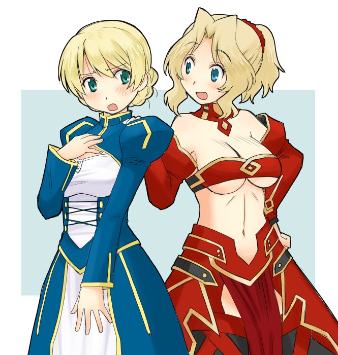 10s 2girls alternate_hairstyle artoria_pendragon_(fate) blonde_hair blue_dress blue_eyes blush braid breasts character_cutout cleavage clothing_cutout commentary_request cosplay cosplay_request cowboy_shot darjeeling_(girls_und_panzer) detached_collar detached_sleeves dress fate/apocrypha fate/grand_order fate_(series) french_braid frown girls_und_panzer hair_intakes hair_up hand_on_another&#039;s_shoulder hand_on_own_chest kay_(girls_und_panzer) long_hair long_sleeves looking_at_another looking_at_viewer medium_breasts mordred_(fate) mordred_(fate)_(cosplay) mordred_(fate/apocrypha) multiple_girls navel navel_cutout open_mouth outside_border pelvic_curtain ponytail puffy_long_sleeves puffy_sleeves red_dress saber_(fate) saber_(fate)_(cosplay) scrunchie short_hair short_ponytail smile standing twin_braids uona_telepin