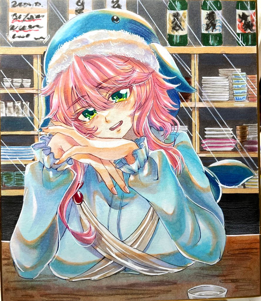 bar_(place) blue_hat blue_shirt breast_rest breasts commentary_request cross-laced_clothes green_eyes happy hat large_breasts long_sleeves marker_(medium) medium_hair mitsu~ okunoda_miyoi parted_lips pink_hair shirt teeth touhou traditional_media upper_teeth_only whale_hat