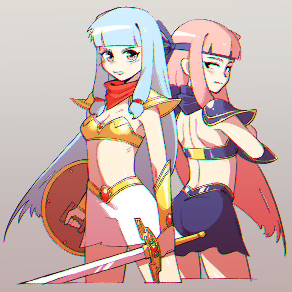 2girls armor asou_yuuko asou_yuuko_(cosplay) ass back bandana bikini_armor black_eyes blue_bandana blue_hair blue_skirt blunt_bangs breasts chromatic_aberration cleavage closed_mouth commentary_request cosplay cowboy_shot from_behind gold_armor grey_background holding holding_shield holding_sword holding_weapon kirishima_reiko kirishima_reiko_(cosplay) kotonoha_akane kotonoha_aoi long_hair looking_at_viewer looking_back midriff miniskirt mugen_senshi_valis multiple_girls open_mouth pink_hair red_scarf scarf shield shoulder_pads siblings sidelocks simple_background sisters skirt small_breasts smile sword ukiwagirl very_long_hair voiceroid weapon