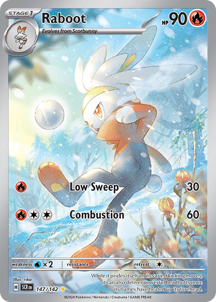 0_rika_0 artist_name card_(medium) character_name company_name copyright_name copyright_notice english_text flower full_body gen_8_pokemon grass nintendo official_art open_mouth orange_eyes outdoors pokemon pokemon_(creature) pokemon_card pokemon_focus pokemon_tcg raboot scorbunny snowball snowing solo third-party_source trading_card tree