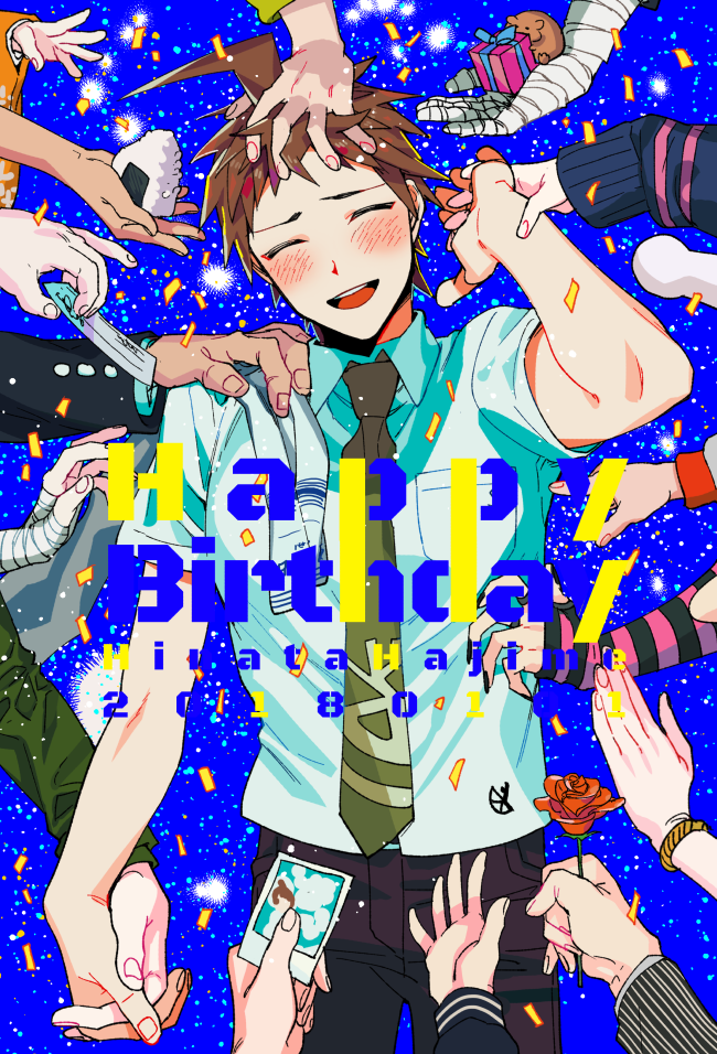 6+boys 6+girls :d ahoge blue_background blush breast_pocket brown_hair collared_shirt confetti danganronpa_(series) danganronpa_2:_goodbye_despair dated green_necktie hanamura_teruteru hand_up happy_birthday hinata_hajime holding holding_hands koizumi_mahiru komaeda_nagito kuzuryu_fuyuhiko long_sleeves mioda_ibuki multiple_boys multiple_girls nanami_chiaki necktie nidai_nekomaru open_mouth owari_akane pekoyama_peko pocket saionji_hiyoko shirt short_hair smile soda_kazuichi solo_focus sonia_nevermind tanaka_gundham teeth togami_byakuya_(danganronpa_2) tsumiki_mikan upper_teeth_only uurin white_shirt