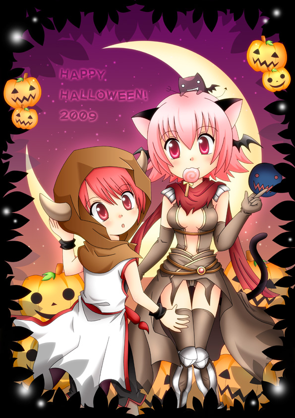 2009 2girls :3 :o animal_ears armor armored_boots assassin_cross_(ragnarok_online) boots brown_cape brown_gloves brown_hood brown_leotard brown_thighhighs candy cape cat_ears cat_girl cat_tail champion_(ragnarok_online) closed_mouth coat commentary_request crescent_moon elbow_gloves fake_horns feet_out_of_frame food gloves halloween happy_halloween hood hood_up horned_hood horns jack-o&#039;-lantern leotard lollipop meruya_(catcan) moon multiple_girls open_mouth pauldrons pink_eyes pink_hair pumpkin purple_sky ragnarok_online red_eyes red_hair red_scarf revealing_clothes scarf short_hair shoulder_armor sky sleeveless sleeveless_coat smile standing star_(sky) starry_sky swirl_lollipop tail thighhighs white_coat