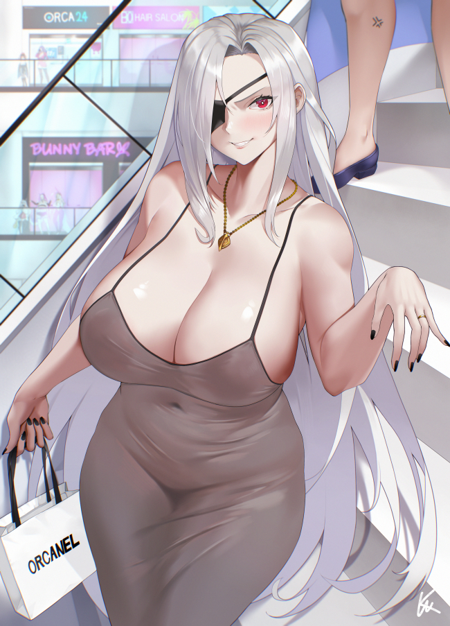 anger_vein azaz_(last_origin) bag benevolent_leanne blush breasts brown_hair coat covered_erect_nipples covered_navel dongtan_dress draculina_(last_origin) dress eternity_(last_origin) eyepatch grey_hair huge_breasts invincible_dragon_(last_origin) jewelry last_origin lemonade_alpha lemonade_gamma loafers long_hair low_neckline mall meme_attire multiple_girls nail_polish necklace official_alternate_costume red_eyes ring see-through_clothes shoes shopping_bag smile spaghetti_strap stairs very_long_hair wedding_ring wookyung