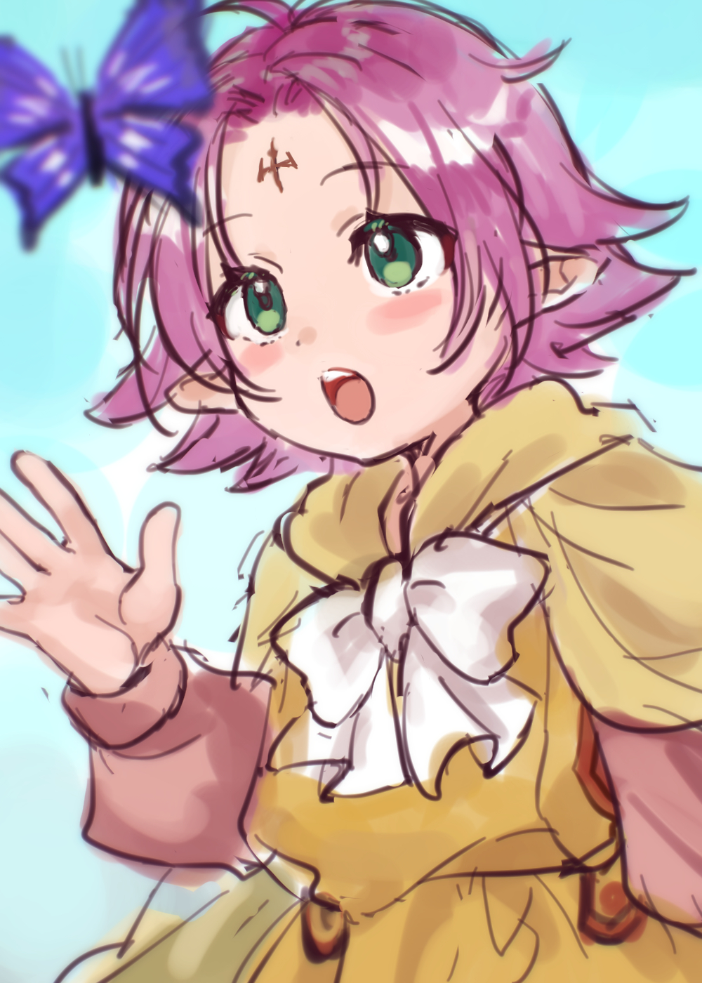 1girl :o blue_background blue_butterfly blurry blurry_foreground bow bug butterfly commentary_request dot_nose dress facial_mark fae_(fire_emblem) fire_emblem fire_emblem:_the_binding_blade forehead_mark green_eyes hazuki_(nyorosuke) highres insect medium_hair nintendo open_mouth pink_hair solo standing teeth upper_teeth_only white_bow yellow_dress