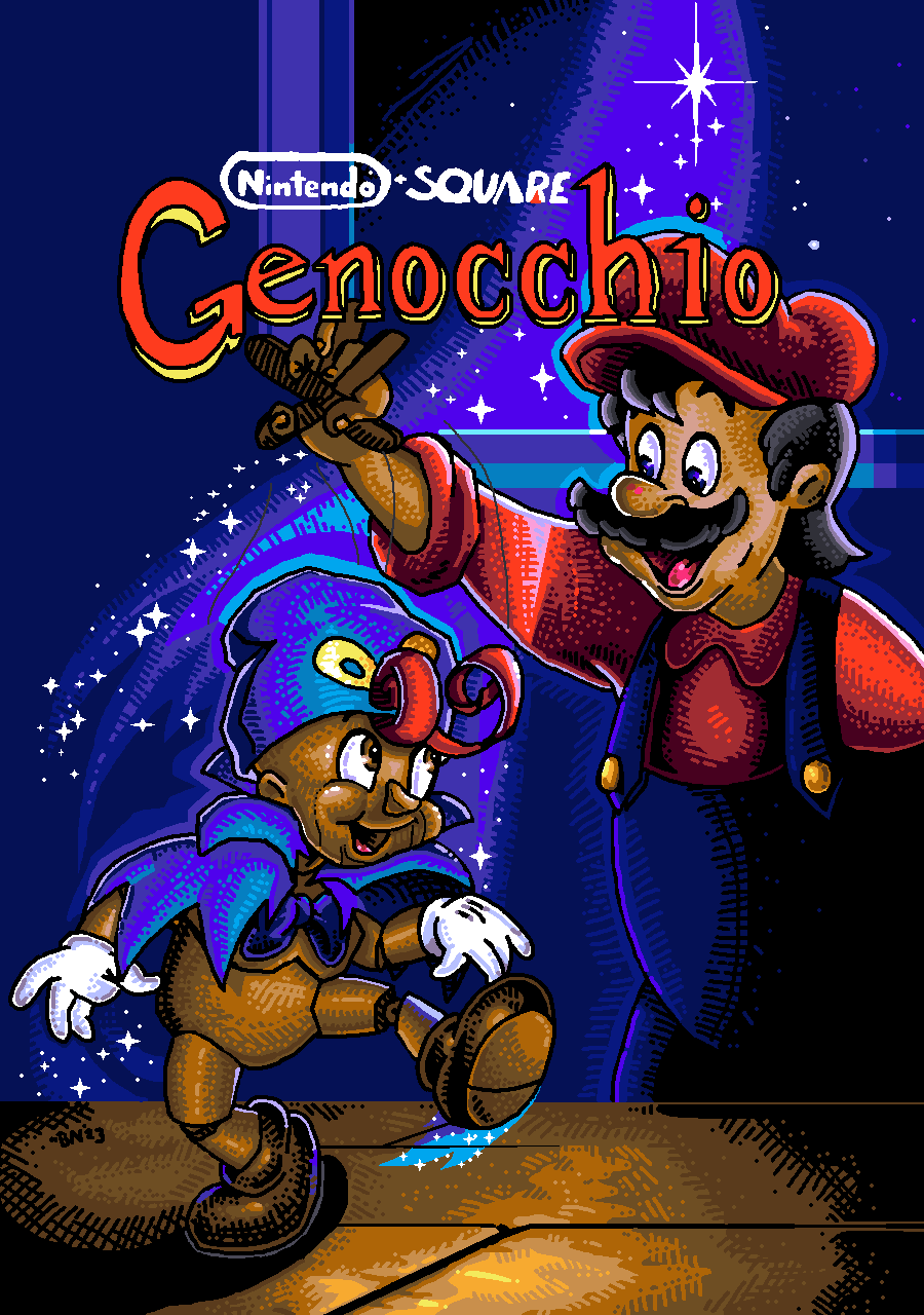 2boys black_hair blue_cape blue_headwear blue_overalls box_art brown_footwear bryantobikomi cape collared_shirt doll_joints facial_hair fake_box_art geno_(mario) gloves hat highres joints mario mario_(series) multiple_boys mustache newsboy_cap nintendo open_mouth overalls parody pinocchio_(disney_movie) pointy_hat puppet puppet_strings red_hair red_headwear red_shirt shirt smile square_enix standing standing_on_one_leg super_mario_rpg walking white_gloves