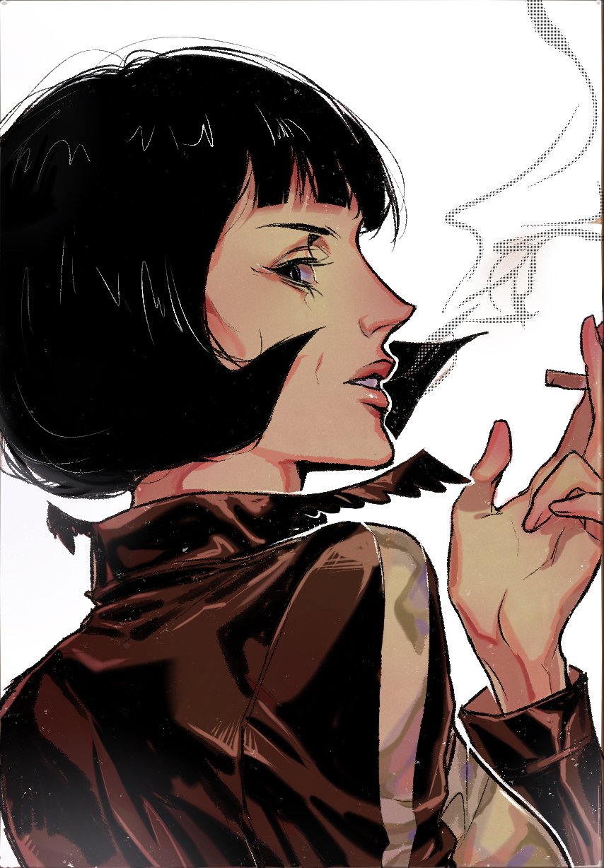 1girl black_eyes black_hair black_jacket blunt_bangs cigarette commentary highres holding holding_cigarette jacket long_sleeves one_piece shakuyaku_(one_piece) short_hair simple_background smdsqi smoke solo teeth white_background