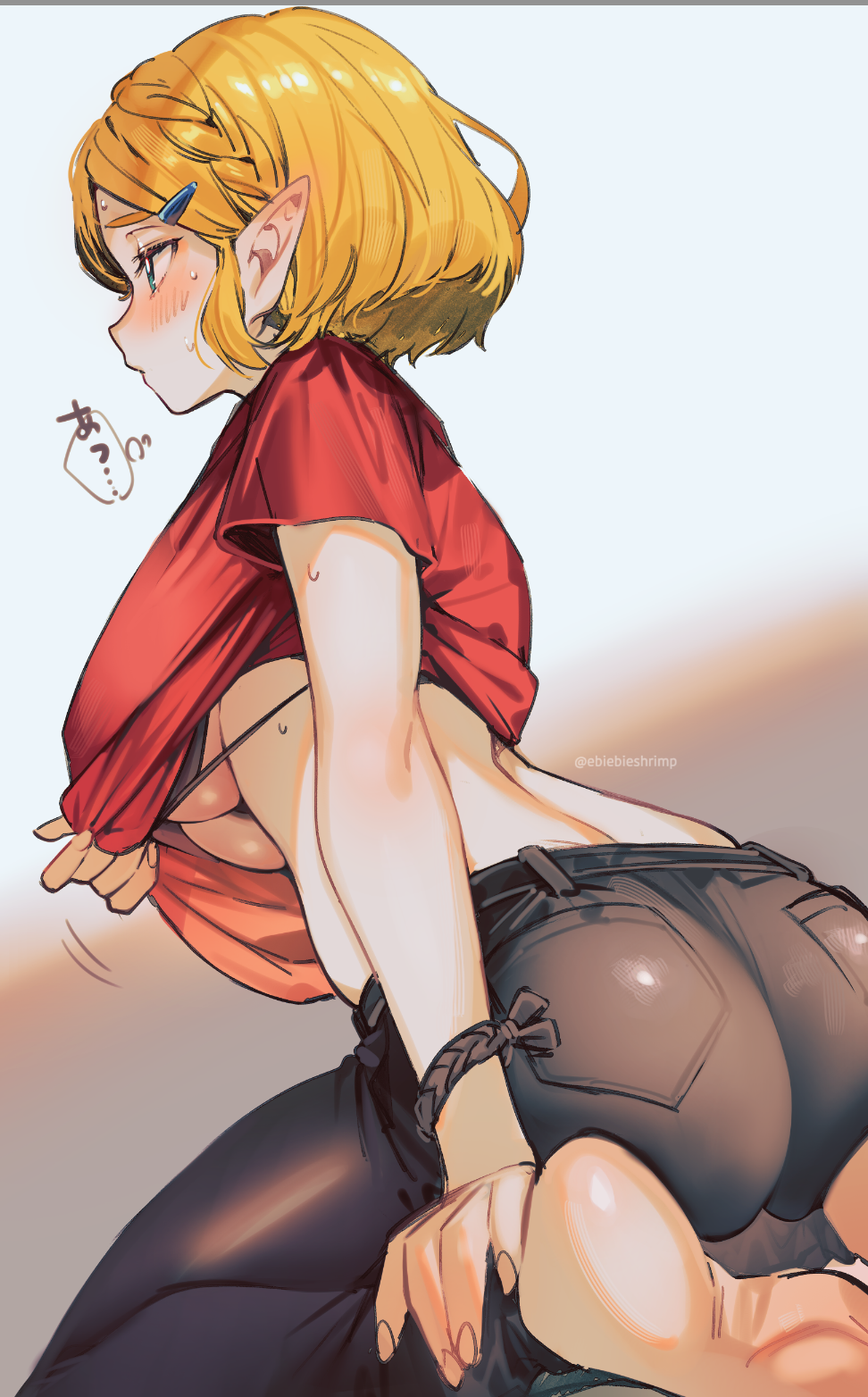 1girl alternate_costume ass barefoot bikini bikini_under_clothes black_bikini black_pants blonde_hair braid breasts crown_braid hair_ornament hairclip highres large_breasts lifting_own_clothes nintendo pants parted_bangs pointy_ears princess_zelda red_shirt shirt short_hair short_sleeves shuri_(84k) sitting speech_bubble sweat swimsuit the_legend_of_zelda the_legend_of_zelda:_tears_of_the_kingdom twitter_username underboob wariza