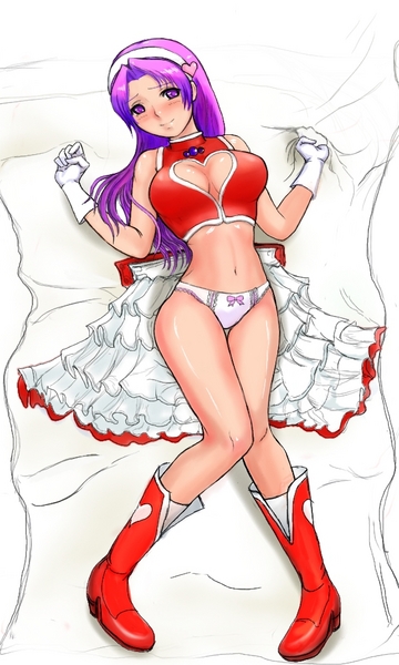 1girl asamiya_athena bed_sheet blush boots bow cleavage_cutout clothing_cutout female_focus full_body gloves hairband heart_cutout legs long_hair looking_at_viewer lying midriff navel panties purple_eyes purple_hair snk the_king_of_fighters the_king_of_fighters_2003 thigh_gap underwear