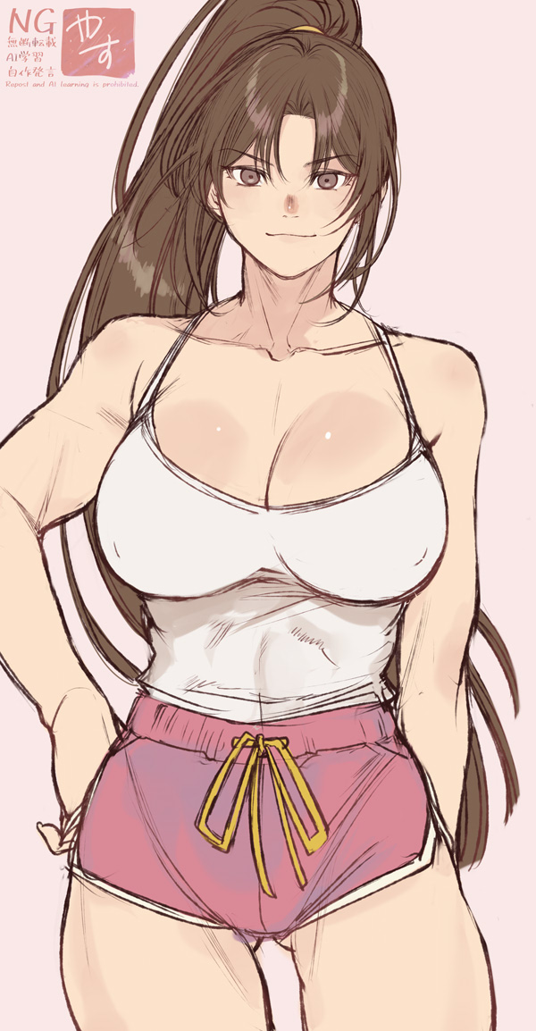 1girl bare_arms bare_shoulders breasts brown_eyes brown_hair cleavage closed_mouth collarbone commentary_request cowboy_shot dolphin_shorts fatal_fury hand_on_own_hip high_ponytail large_breasts long_hair looking_at_viewer official_alternate_costume parted_bangs pink_shorts ponytail shiranui_mai shorts smile solo spaghetti_strap street_fighter street_fighter_6 tank_top the_king_of_fighters white_tank_top yasunososaku