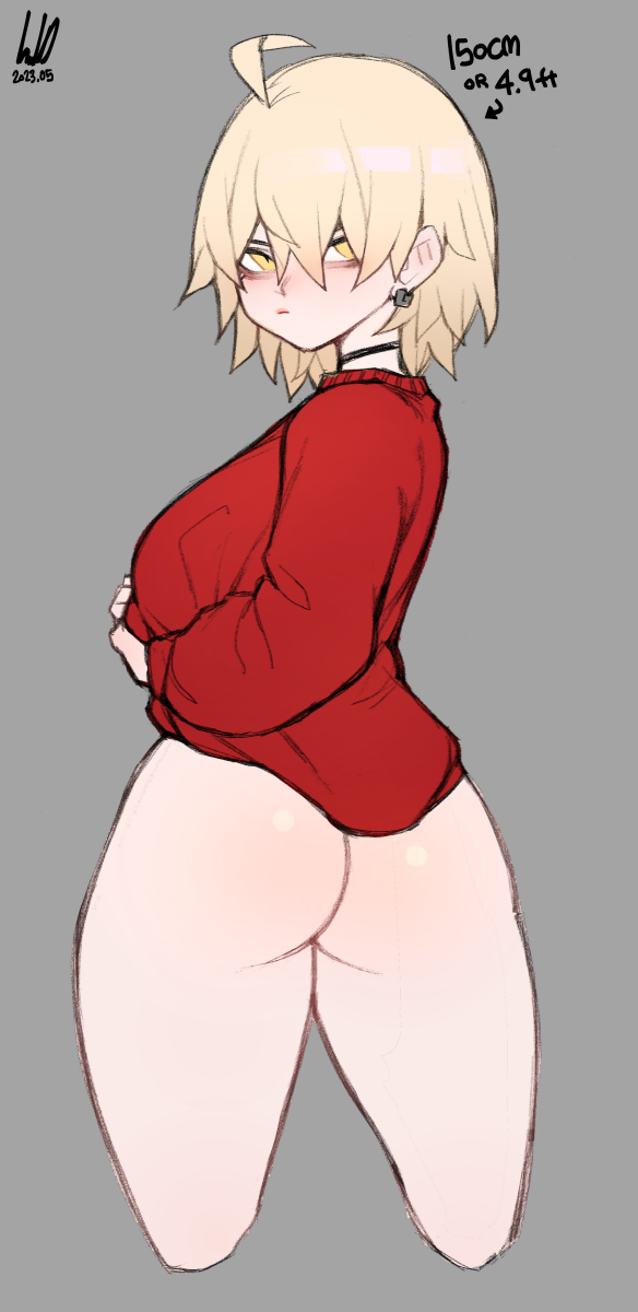 ahoge ass black_choker blonde_hair bottomless breasts choker chris_(ginseng) commentary cropped_legs dated double-parted_bangs earrings english_commentary english_text ginseng_(xin) grey_background hair_between_eyes height highres jewelry looking_at_viewer original pout red_sweater short_hair signature simple_background solo sweater thighs twisted_torso yellow_eyes