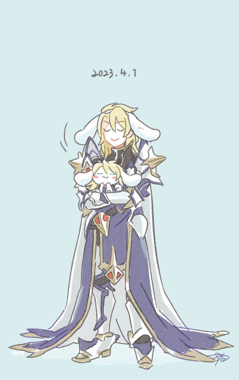 1boy aglovale_(granblue_fantasy) aglovale_(granblue_fantasy)_(cosplay) animal animal_ears armor armored_boots batoson54 black_pants black_shirt blue_background blue_robe boots cape cinnamoroll closed_eyes closed_mouth cosplay crossover dated dog dog_ears fake_animal_ears faulds fuwa_fuwa_cinnamoroll gauntlets gold_trim granblue_fantasy hair_between_eyes highres holding holding_animal long_hair male_focus motion_lines pants robe sanrio shirt shoulder_armor signature simple_background smile standing white_cape white_dog