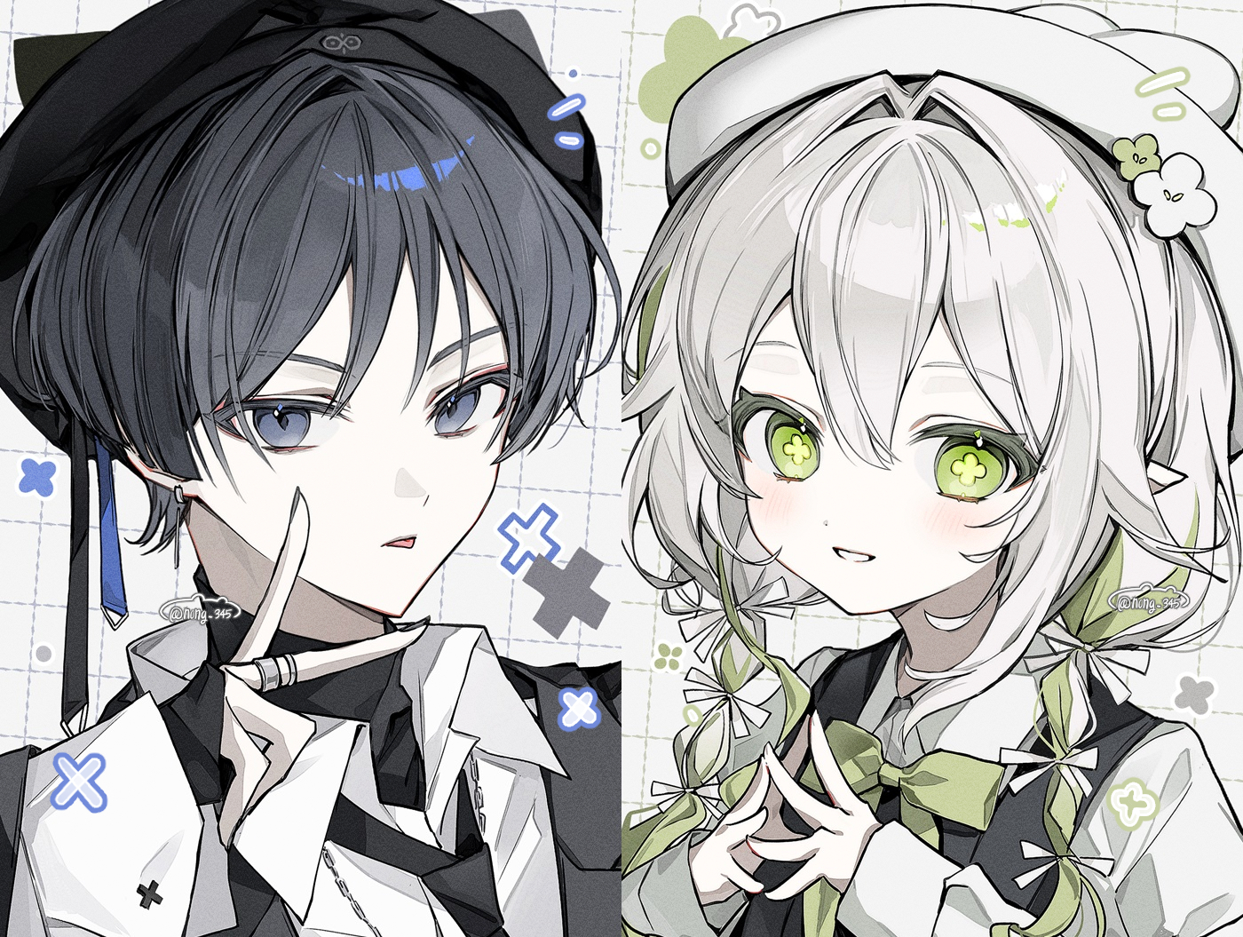 1boy 1girl alternate_costume beret black_hair black_hat black_necktie black_sleeves black_undershirt black_vest blunt_ends bow braid chain chain_around_neck chain_necklace collared_shirt contemporary cross-shaped_pupils curled_fingers double-parted_bangs genshin_impact green_bow green_eyes green_hair hair_between_eyes hair_intakes hair_ribbon hat jewelry layered_sleeves looking_at_viewer multicolored_hair nahida_(genshin_impact) necklace necktie nong_345 official_alternate_hairstyle own_hands_clasped own_hands_together parted_lips polar_opposites purple_eyes ribbon scaramouche_(genshin_impact) shirt sidelocks single_hair_intake smile streaked_hair symbol-shaped_pupils tongue tongue_out twin_braids undershirt v vest white_hair white_hat white_ribbon white_shirt white_sleeves