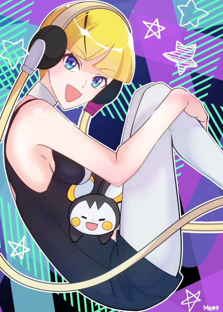 1girl alternate_costume bare_arms black_dress blonde_hair blue_eyes blunt_bangs breasts choker commentary_request dress elesa_(pokemon) emolga flying_squirrel gen_5_pokemon headphones knees_up low_neckline medium_breasts memo14030037 nintendo open_mouth pantyhose pokemon pokemon_masters_ex short_dress short_hair sleeveless sleeveless_dress smile squirrel white_choker white_pantyhose