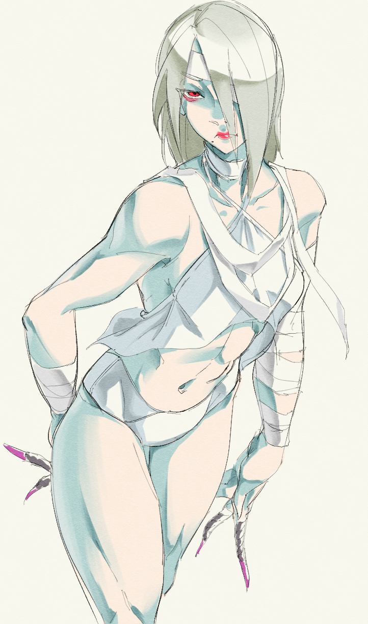 a.k.i._(street_fighter) albino bandage_over_one_eye bandaged_arm bandaged_neck bandages bikini blizzardingpike claw_(weapon) frown grey_hair highres navel official_alternate_costume official_alternate_hairstyle pale_skin red_eyes red_lips simple_background stomach street_fighter street_fighter_6 swimsuit thighs weapon