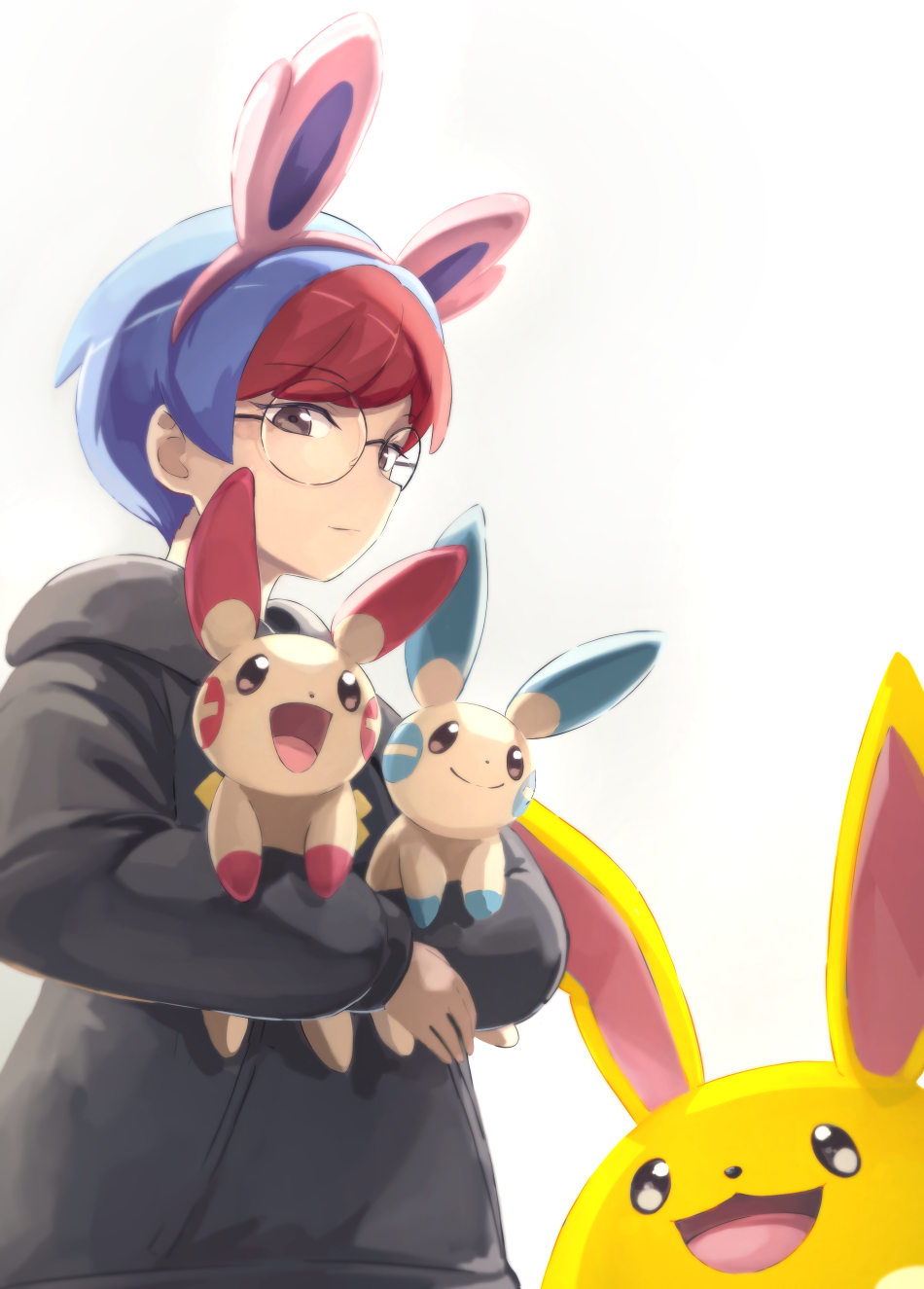 1girl alternate_color azumarill black_hoodie blue_hair brown_eyes closed_mouth commentary_request gen_2_pokemon gen_3_pokemon glasses hairband highres holding holding_pokemon hood hood_down hoodie itsudzumi long_sleeves minun multicolored_hair nintendo penny_(pokemon) pink_hairband plusle pokemon pokemon_(creature) pokemon_sv red_hair round_eyewear shiny_pokemon two-tone_hair white_background