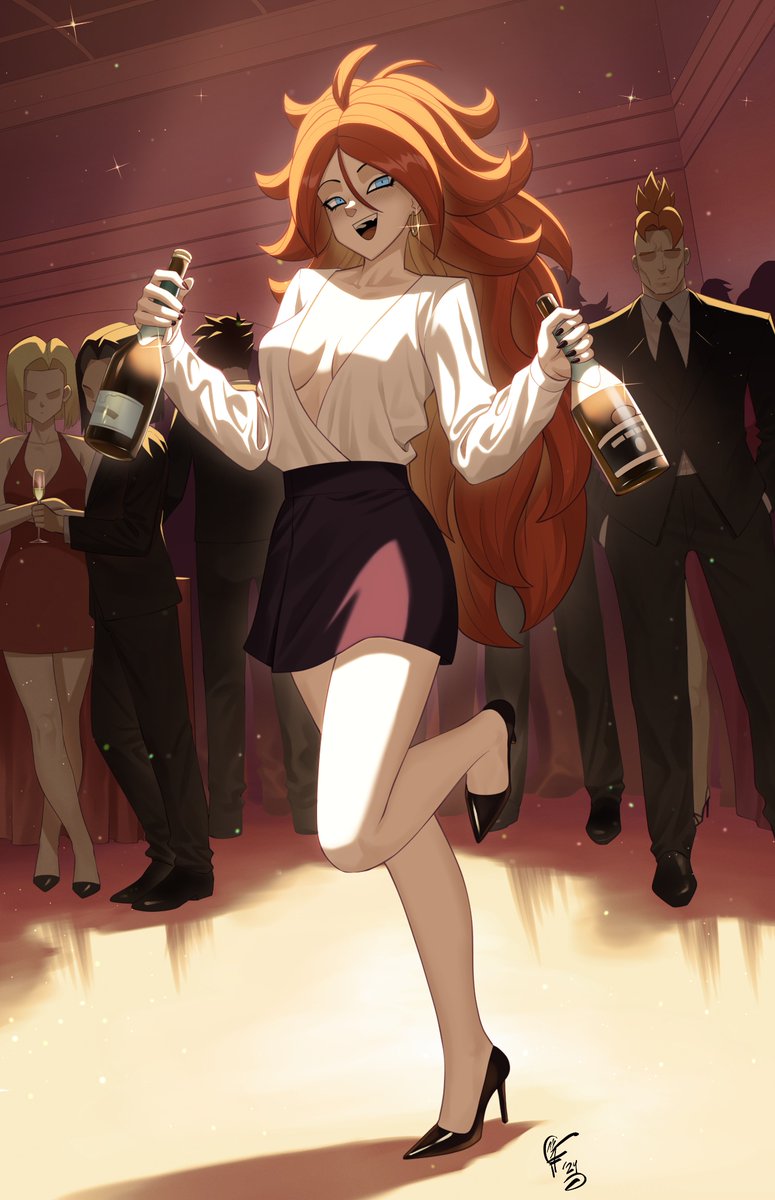 2boys 2girls alcohol android_16 android_17 android_18 android_21 black_footwear black_nails black_skirt blue_eyes blush bottle breasts brother_and_sister champagne_bottle cleavage commentary cup dragon_ball dragon_ball_fighterz dragonball_z drunk earrings english_commentary formal_clothes high_heels highres holding holding_bottle holding_cup hoop_earrings jewelry long_hair long_sleeves looking_to_the_side messy_hair mother_and_son multiple_boys multiple_girls open_clothes open_mouth open_shirt orange_hair party siblings signature skirt somegfguy sparkle standing standing_on_one_leg teeth tongue tuxedo twins upper_teeth_only very_long_hair