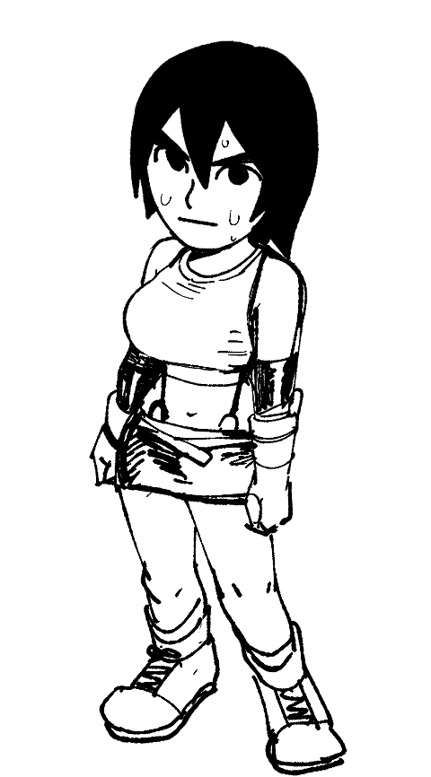 1girl bare_shoulders black_hair breasts cosplay crop_top dancho_no_mori elbow_gloves elbow_pads expressionless fingerless_gloves full_body gloves greyscale large_breasts looking_at_viewer midriff mii_brawler mii_brawler_(smash_ultimate) miniskirt monochrome navel nintendo pencil_skirt short_hair simple_background skirt solo standing super_smash_bros. suspender_skirt suspenders sweat tank_top tifa_lockhart tifa_lockhart_(cosplay) v-shaped_eyebrows white_background