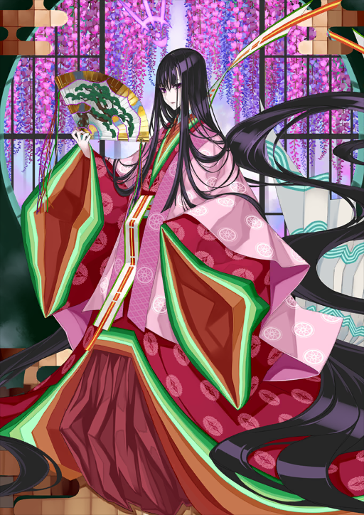 1girl absurdly_long_hair black_hair fate/grand_order fate_(series) floating_hair folding_fan game_cg hair_between_eyes hand_fan hands_up holding holding_fan honjou_raita japanese_clothes karaginu_mo kimono layered_kimono layered_sleeves long_hair looking_at_viewer murasaki_shikibu_(fate) murasaki_shikibu_(third_ascension)_(fate) official_art parted_lips pink_kimono print_folding_fan print_kimono purple_eyes red_kimono sleeves_past_fingers sleeves_past_wrists solo third-party_source variant_set very_long_hair wide_sleeves