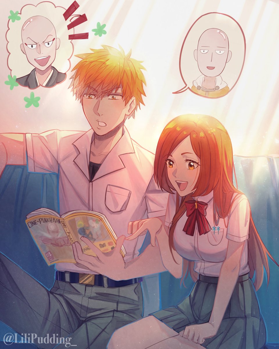 1girl 3boys bleach breasts highres inoue_orihime kurosaki_ichigo large_breasts long_hair madarame_ikkaku multiple_boys one-punch_man open_mouth orange_hair saitama_(one-punch_man) skirt