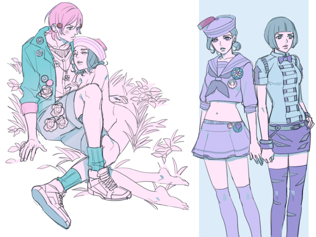 bob_cut bow bowtie breasts crop_top dixie_cup_hat closed_eyes genderswap genderswap_(ftm) genderswap_(mtf) grass green_hair green_lips hand_on_own_hip hat higashikata_joshu higashikata_josuke_(jojolion) hirose_yasuho jacket jojo_no_kimyou_na_bouken jojolion kneehighs lipstick makeup midriff military_hat miniskirt navel nude pink_hair reammara sailor_collar shoes sitting skirt small_breasts sneakers socks thighhighs tooth_gap wrist_cuffs zettai_ryouiki